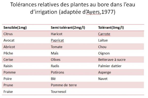 Tolérances relatives des plantes au bore dans l’eau d’irrigation (adaptée d’Ayers,1977) 